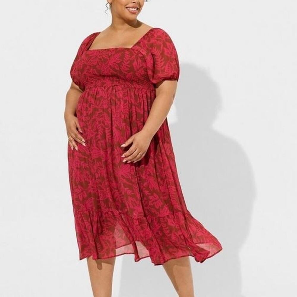 New Torrid Pink Leaf Print Tea Length Smocked A-Line Dress Size 2X